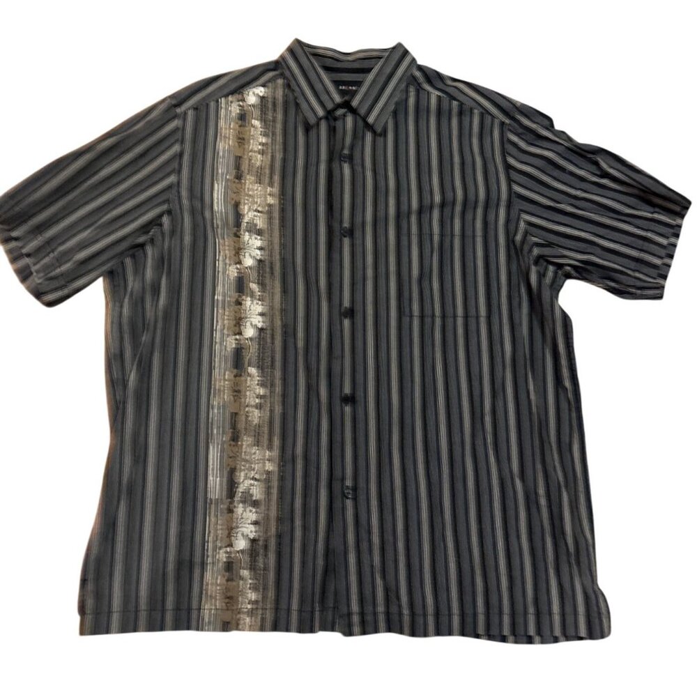 Axcess Hawaiian Shirt Striped Large Short Sleeve Black Gold Floral Front Pocket